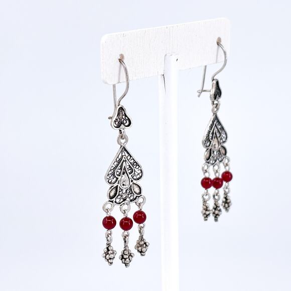 Vintage Sterling Silver 925 Carnelian Dangle Earrings | Boho Chandelier - Picture 3 of 8